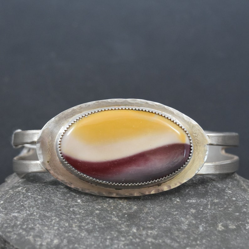 Mookaite Cuff yellow, maroon, swoosh, graphic, clean lines, sterling silver, Australian stone image 1