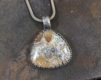 Crazy Lace Agate and Quartz Pendant - creams, whites, hand built sterling silver setting