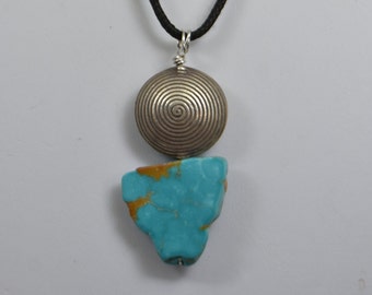 Turquoise Pendant with sterling silver bead - wire wrapped, sterling silver, genuine turquoise, slice