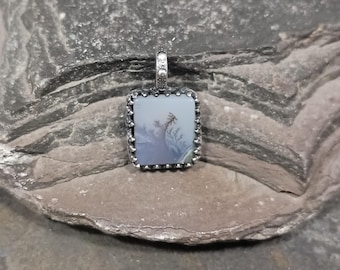 Small Dendritic Agate Pendant - fern fronds, translucent, sterling silver