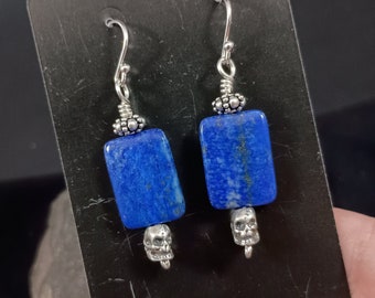 Lapis and Skull Earrings - sterling silver, dark blue