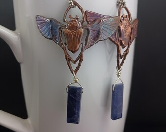 Scarab Earrings - copper, rainbow, lightweight, large, blue sodalite