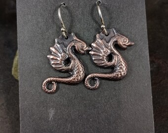 Sea Dragon Earrings - copper, antique design, sterling wires