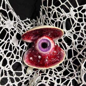 May include: An open seashell containing a realistic purple iris eyeball surrounded by deep red, textured tissue and small white spherical beads. The shell is nestled within a white, intricate, web-like lace fabric against a dark background.