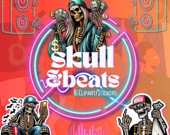 Skull and Beats Clipart/Klistermärkesset - 16 högupplösta transparenta bilder