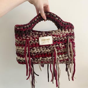 Wende-Häkeltasche Maroon - UNIKAT - aus Baumwoll T-Shirtgarn - Burgundy, Maroon, Bordeaux, Creme, Beige, Braun