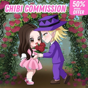 "Hand-drawn cute anime-style chibi couple illustration, featuring romantic poses and matching outfits — ideal for anniversary gifts or profile icons."