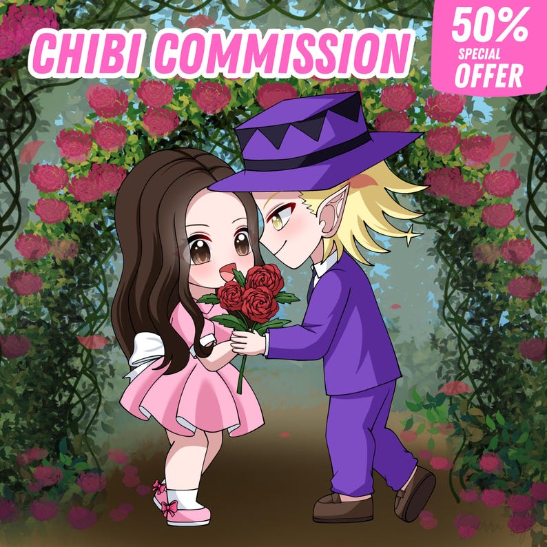 "Hand-drawn cute anime-style chibi couple illustration, featuring romantic poses and matching outfits — ideal for anniversary gifts or profile icons."