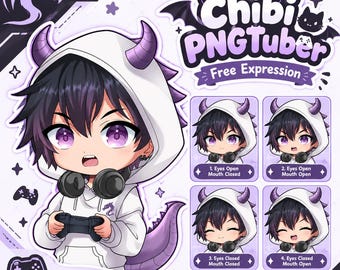 May include: A digital illustration of a chibi character wearing a white dragon hoodie with purple horns and a tail, holding a black game controller. The character has black hair and purple eyes. Text includes Chibi PNGTuber Free Expression.