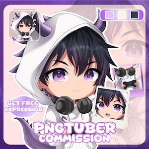 Pode incluir: Uma ilustração digital de um personagem estilo anime com cabelo preto e olhos roxos, vestindo um moletom branco com tema de dragão, chifres e cauda roxos. O personagem usa fones de ouvido pretos e segura um controle. Texto: PNGTUBER COMMISSION.