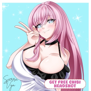May include: Digital anime-style illustration of a character with long pink hair, blue eyes, and a black choker, wearing a white and black top. The character makes a peace sign. Text reads: Sierra Vyn and GET FREE CHIBI HEADSHOT on a light blue background.