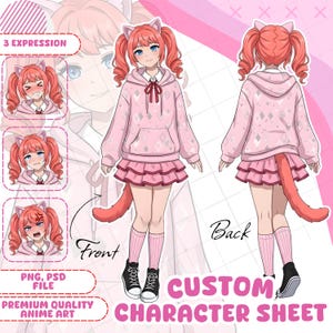 May include: A digital illustration of a pink-haired anime character in a pink hoodie, skirt, and cat ears. The character sheet includes front and back views, along with three facial expressions. Text on the image reads "CUSTOM CHARACTER SHEET".