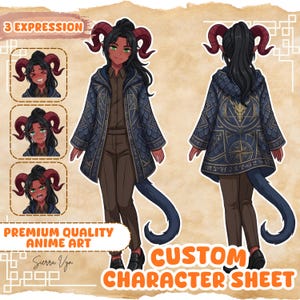 Puede incluir: Hoja de personaje de anime con un personaje con cuernos y tres expresiones faciales. El personaje viste un abrigo azul estampado, pantalones marrones y tiene una cola azul. El texto incluye "3 Expression", "Premium Quality Anime Art" y "Custom Character Sheet".