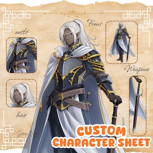 May include: A custom character sheet featuring a dark-skinned elf with long white hair in a ponytail. The character wears black and gold armor with a white cape. The sheet includes detailed views of the outfit, hair, and a sword weapon.