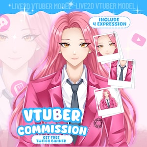 Op de afbeelding: Een digitale illustratie van een personage met lang roze haar, gekleed in een roze blazer, wit overhemd en een donkere das. De afbeelding bevat de tekst LIVE2D VTUBER MODEL, INCLUDE 4 EXPRESSION, VTUBER COMMISSION en GET FREE TWITCH BANNER.