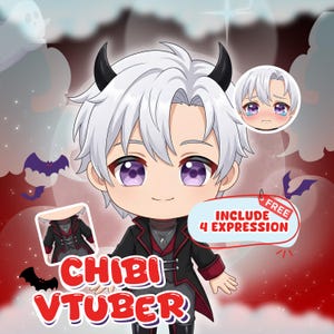 Puede incluir: Una ilustración digital de un personaje chibi con cabello blanco y cuernos negros, vistiendo un abrigo negro y rojo. La imagen presenta el texto CHIBI VTUBER y una etiqueta FREE INCLUDE 4 EXPRESSION, con un recuadro que muestra una cara llorando.
