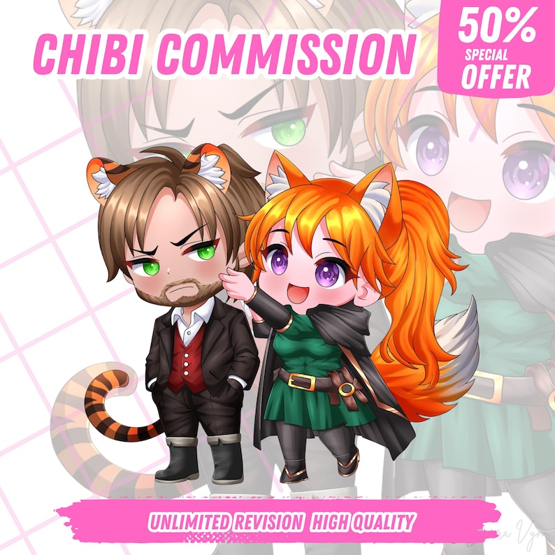 "Hand-drawn cute anime-style chibi couple illustration, featuring romantic poses and matching outfits — ideal for anniversary gifts or profile icons."