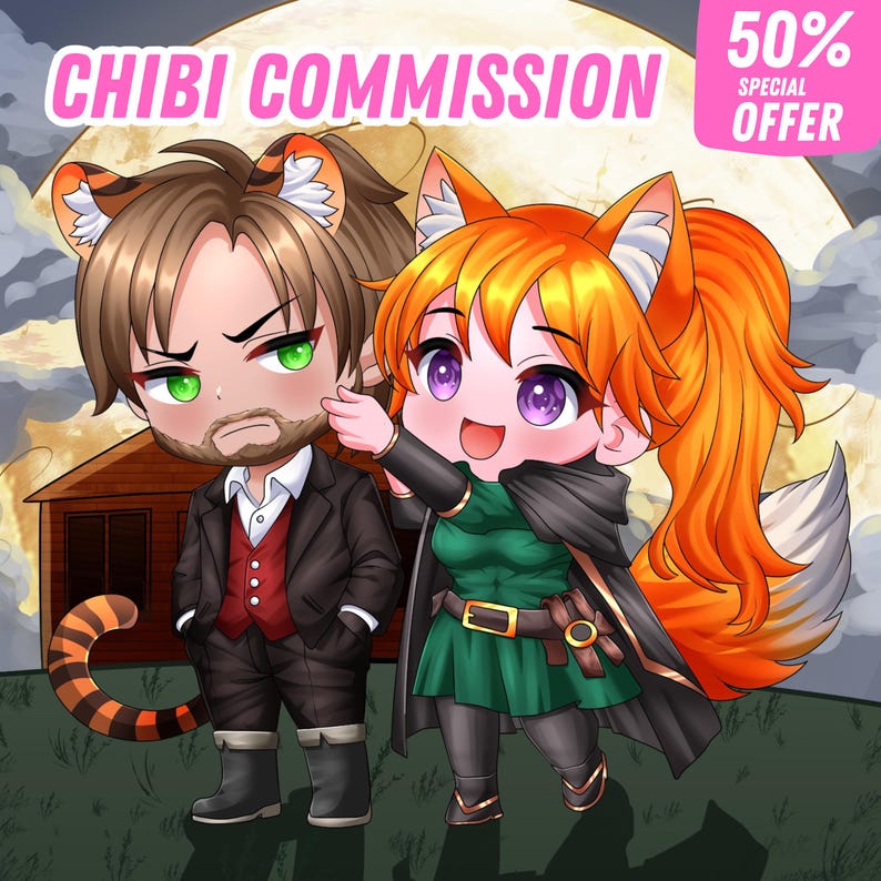 "Hand-drawn cute anime-style chibi couple illustration, featuring romantic poses and matching outfits — ideal for anniversary gifts or profile icons."