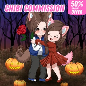"Hand-drawn cute anime-style chibi couple illustration, featuring romantic poses and matching outfits — ideal for anniversary gifts or profile icons."
