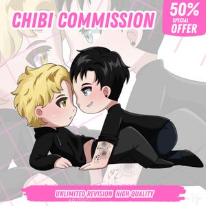"Hand-drawn cute anime-style chibi couple illustration, featuring romantic poses and matching outfits — ideal for anniversary gifts or profile icons."