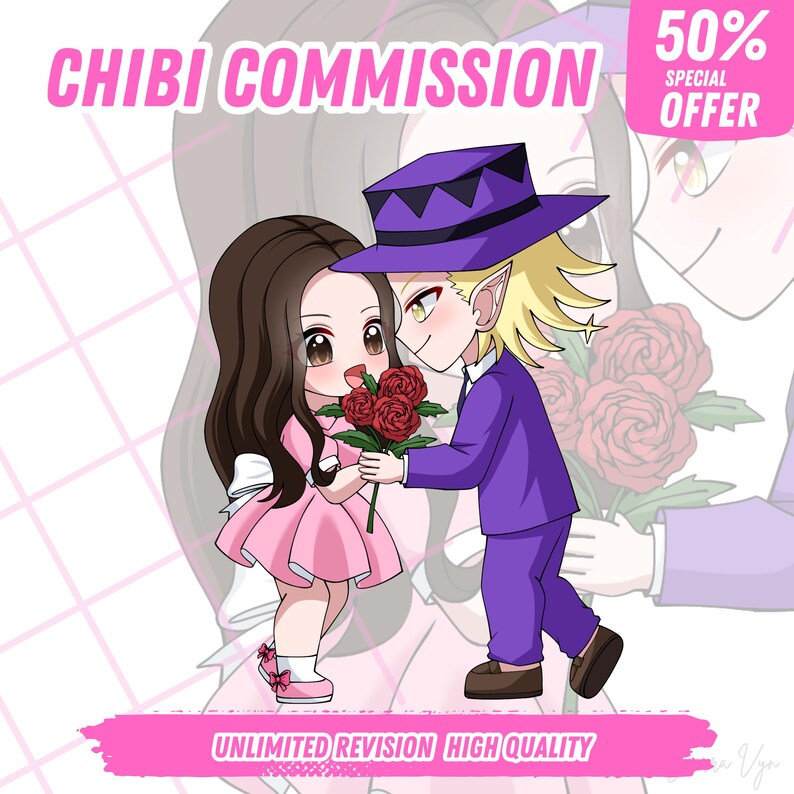 "Hand-drawn cute anime-style chibi couple illustration, featuring romantic poses and matching outfits — ideal for anniversary gifts or profile icons."