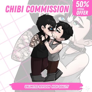 "Hand-drawn cute anime-style chibi couple illustration, featuring romantic poses and matching outfits — ideal for anniversary gifts or profile icons."