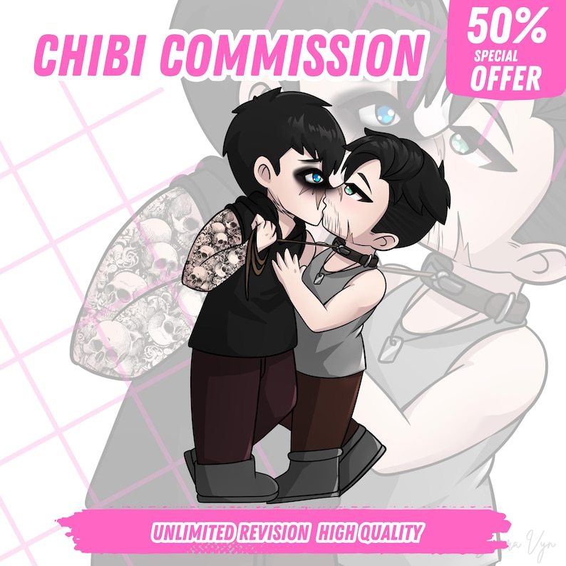 "Hand-drawn cute anime-style chibi couple illustration, featuring romantic poses and matching outfits — ideal for anniversary gifts or profile icons."