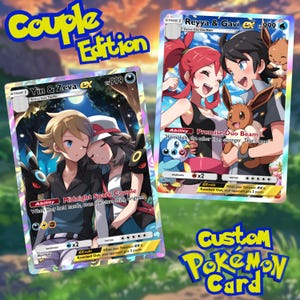 May include: Two custom Pokémon cards featuring couples. One card shows Yin & Zeva, the other Reyya & Gavi. The cards have text that reads "Couple Edition" and "Custom Pokémon Card". The cards have a holographic effect.