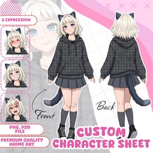 May include: A character reference sheet featuring an anime-style character with blonde hair and cat ears, wearing a black and gray houndstooth hoodie, a dark gray pleated skirt, and black sneakers. The sheet includes front and back views and 3 expressions.