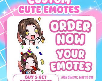 May include: Digital graphic featuring two anime-style character emotes with brown hair. One emote shows a character with star-shaped eyes, the other wears a party hat with confetti. Text reads: CUSTOM CUTE EMOTES, ORDER NOW YOUR EMOTES, BUY 5 GET FREE 1 EMOTES.