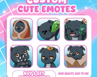 May include: A digital graphic featuring six cartoon black dog emotes with various expressions and props. The text reads CUSTOM CUTE EMOTES, Clip it, and BUY 5 GET FREE 1 EMOTES. The dogs are shown wrapped in a blanket, drinking, holding money, using a clapperboard, wearing a crown, and sitting in a box.