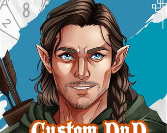 May include: A digital illustration of an elf with brown hair, blue eyes, and a light beard, wearing a green cloak and carrying a quiver of arrows. The background is blue with a white die graphic and the text Custom DnD in orange letters.