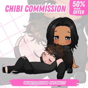 "Hand-drawn cute anime-style chibi couple illustration, featuring romantic poses and matching outfits — ideal for anniversary gifts or profile icons."