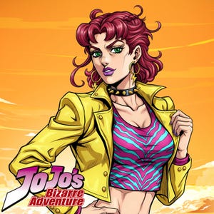 Puede incluir: Una ilustración digital de un personaje con cabello magenta ondulado, ojos verdes y lápiz labial morado. El personaje viste una chaqueta amarilla, un top corto con rayas de cebra en rosa y turquesa, una gargantilla negra con púas y pendientes de rayo. El texto dice JoJo's Bizarre Adventure.