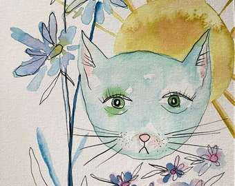 Lil Folk Cat- original watercolor not print 5x7