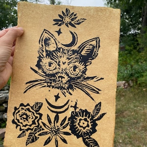Original Linocut Print, Folk Cat, Block Print on Handmade Deckled Edge Paper