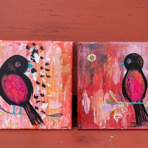 Folk Bird Twins- original acrylic paintings, one of a kind
