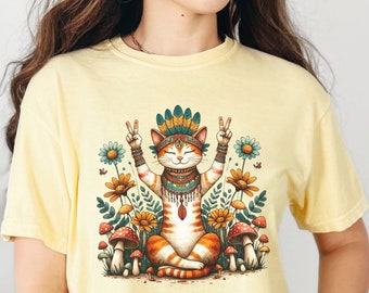 Boho Cat Graphic Crop Tee: Comfort Colors Oversized T-Shirt