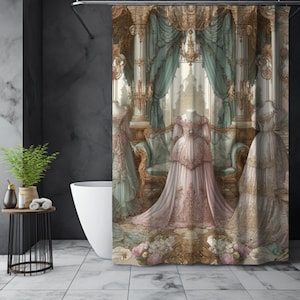 May include: A shower curtain featuring a vintage illustration of three women in elaborate gowns standing in a grand, ornate room with gold accents and a chandelier.