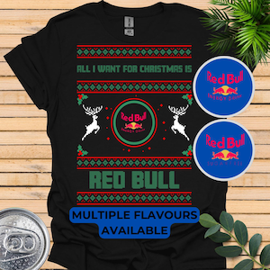 Maglietta Red Bull Sugar Free Red Bull Secret Santa Regalo di Natale Amante delle bevande energetiche Maglietta di Natale brutta Maglietta Red Bull Tutto ciò che voglio per Natale