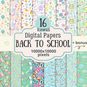 Regreso a clases: 16 papeles digitales con tres variantes (48 JPG), patrón sin costuras, fondos digitales, papel para el aula, patrones digitales