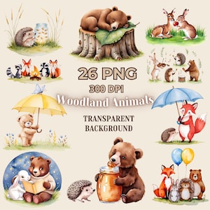 Clipart animaux des bois, illustration aquarelle, animaux de la forêt, art de la pépinière des bois, amis de la forêt, imprimés animaux mignons, art mural chambre d'enfant