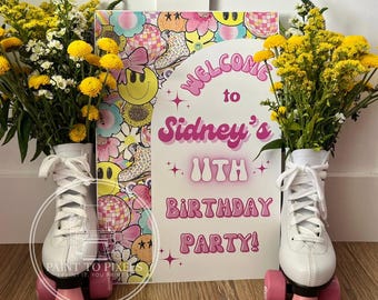Hand Painted Retro Birthday Welcome Sign, Roller Skate Theme (Instant Download)