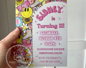 Watercolor Smiley Face Roller Skate Invitation, Tween Birthday (Digital Print)