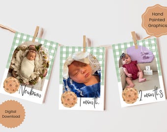 May include: A set of three printable baby milestone cards with a green and white gingham background. Each card features a photo of a baby, a cookie graphic, and the baby's age in months. The cards say "Newborn", "1 month", and "2 months".