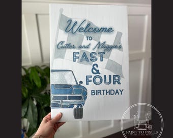 Cartel de bienvenida de cumpleaños con diseño de coche clásico en acuarela (impresión digital)