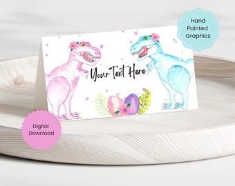 Cumpleaños de dinosaurio, tarjeta de lugar, carpa de comida, dinosaurio rosa, dinosaurio niña, pintado a mano, acuarela, descarga digital, Trex, Three Rex