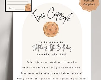 Op de afbeelding: Een printbare tijdcapsule voor een verjaardag. Het ontwerp bevat een handgetekend koekje met chocolade chips. De tekst luidt "Time Capsule" en "Te openen op Fletcher's 18e verjaardag, 8 november 2042".