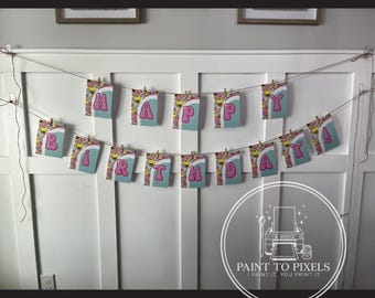 Hand-Painted Happy Birthday Banner, Retro Smiley Face (Instant Download)