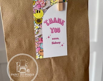 Hand Painted Party Favor Tag, Retro Floral Thank You (Instant Download)